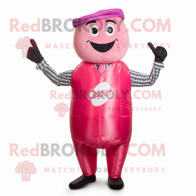 Pink Soda Can mascot costume character dressed with a Waistcoat and Earrings