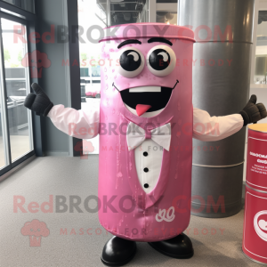 Pink Soda Can mascot costume character dressed with a Waistcoat and Earrings