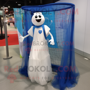 Blue Soccer Goal mascot costume character dressed with a Wedding Dress and Tote bags