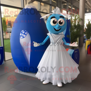 Blue Soccer Goal mascot costume character dressed with a Wedding Dress and Tote bags