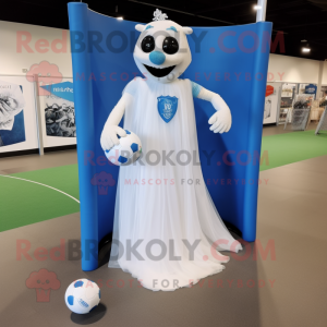 Blue Soccer Goal mascot costume character dressed with a Wedding Dress and Tote bags