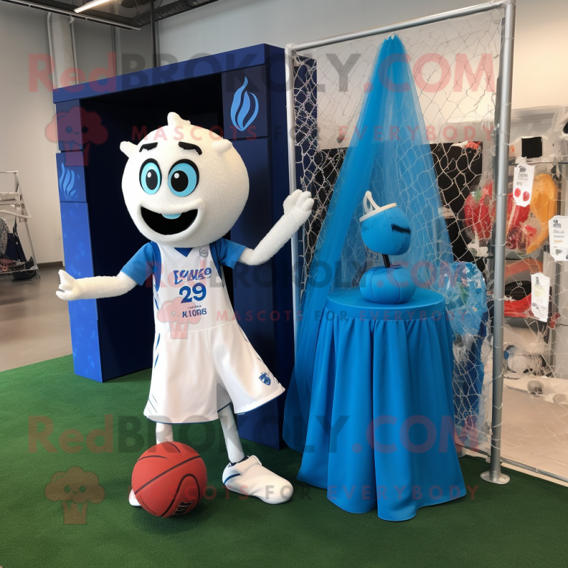 Blue Soccer Goal mascot costume character dressed with a Wedding Dress and Tote bags