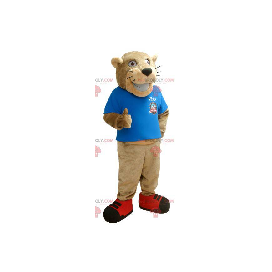 Mascote tigre bege com uma camiseta azul - Redbrokoly.com