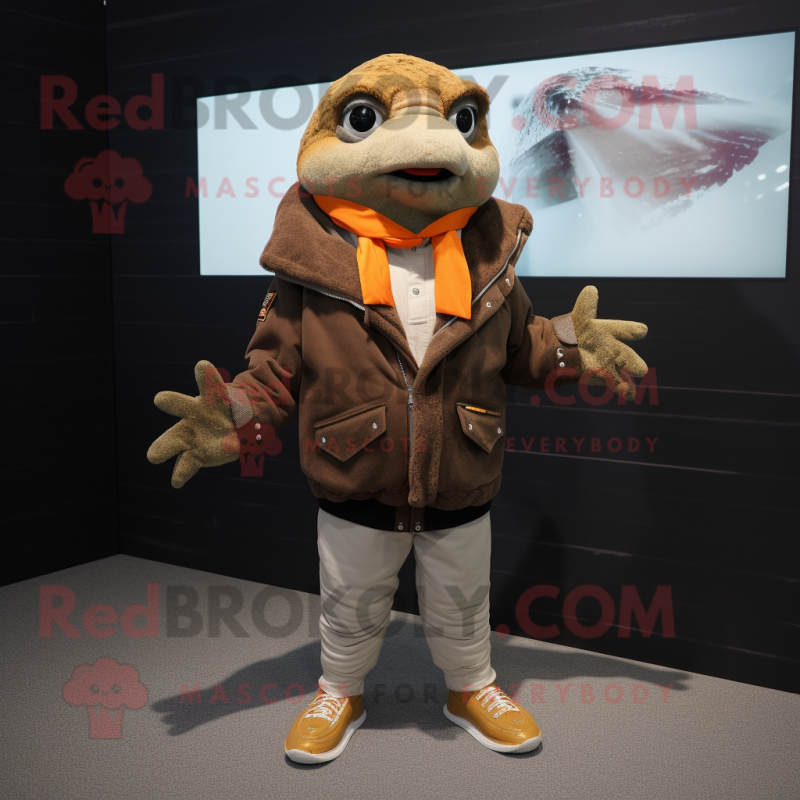 Brown Cod mascot costume character dressed with a Jacket and Scarves