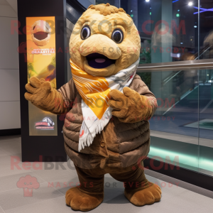 Brown Cod mascot costume character dressed with a Jacket and Scarves