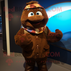 Brown Cod mascot costume character dressed with a Jacket and Scarves