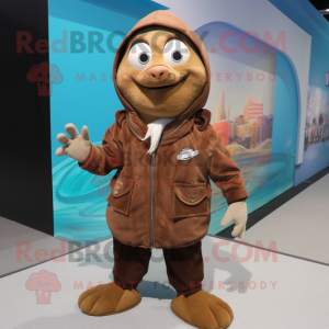 Brown Cod mascot costume character dressed with a Jacket and Scarves