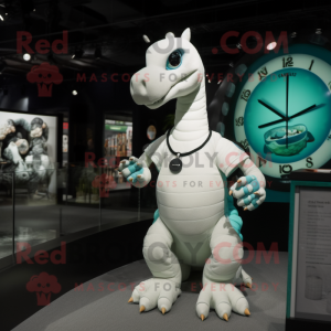 White Diplodocus mascot costume character dressed with a Graphic Tee and Bracelet watches