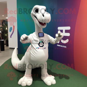 White Diplodocus mascot costume character dressed with a Graphic Tee and Bracelet watches