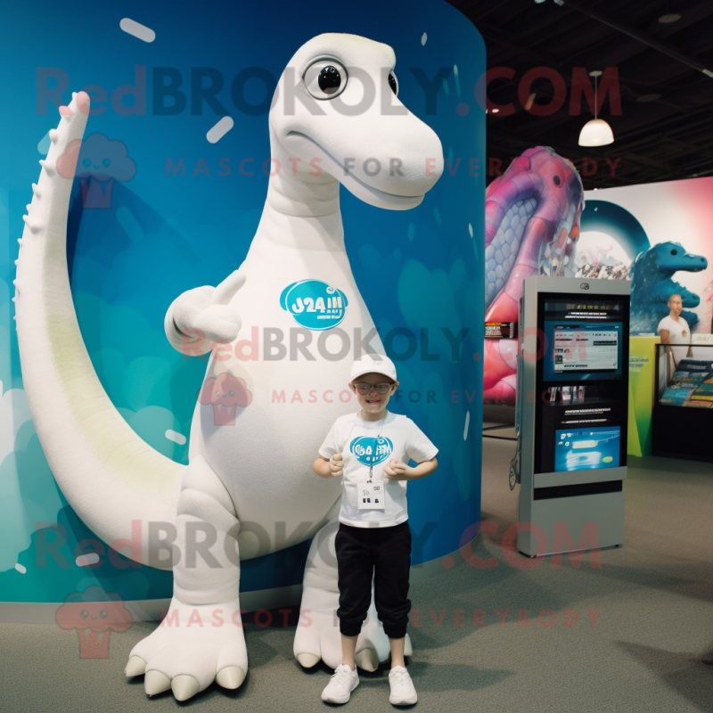 White Diplodocus mascot costume character dressed with a Graphic Tee and Bracelet watches