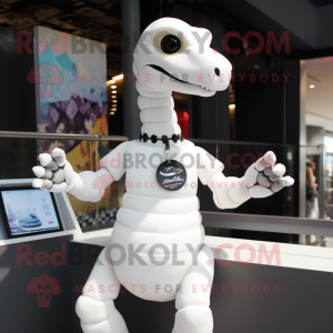 White Diplodocus mascot costume character dressed with a Graphic Tee and Bracelet watches