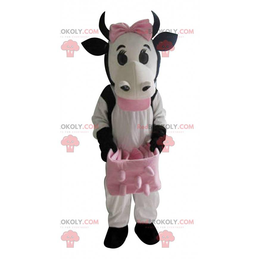 Mascot vaca blanca y negra con urracas rosadas - Redbrokoly.com