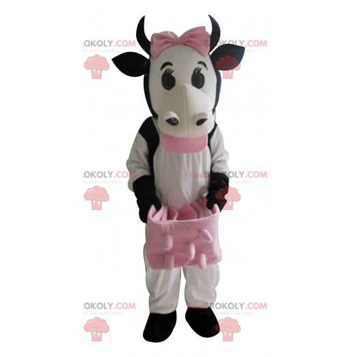 Witte en zwarte koe mascotte met roze eksters - Redbrokoly.com