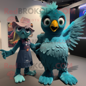 Teal Harpy mascot costume character dressed with a Playsuit and Ties