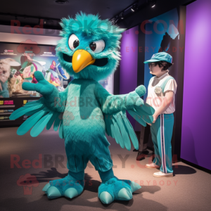 Teal Harpy mascot costume character dressed with a Playsuit and Ties