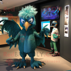 Teal Harpy mascot costume character dressed with a Playsuit and Ties