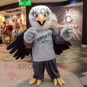 Silver Haast'S Eagle mascot costume character dressed with a T-Shirt and Rings