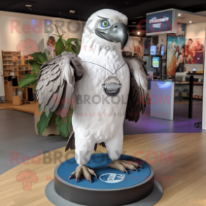 Silver Haast'S Eagle mascot costume character dressed with a T-Shirt and Rings