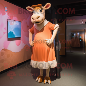 Peach Jersey Cow mascot costume character dressed with a Shift Dress and Cummerbunds