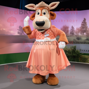 Peach Jersey Cow mascot costume character dressed with a Shift Dress and Cummerbunds