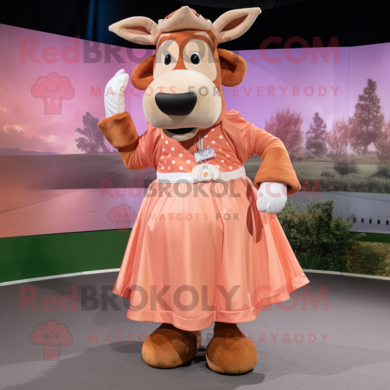 Peach Jersey Cow mascot costume character dressed with a Shift Dress and Cummerbunds Peach Jersey Cow mascot costume character dressed with a Shift Dress and Cummerbunds