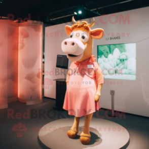 Peach Jersey Cow mascot costume character dressed with a Shift Dress and Cummerbunds