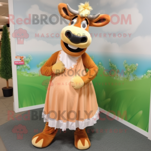 Peach Jersey Cow mascot costume character dressed with a Shift Dress and Cummerbunds