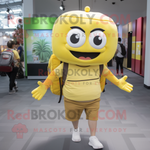 Lemon Yellow Hamburger mascot costume character dressed with a Chinos and Backpacks