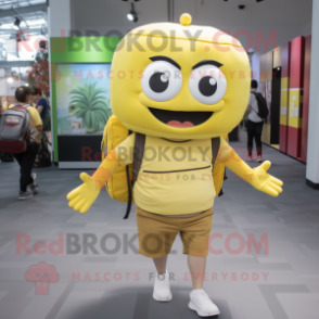 Lemon Yellow Hamburger mascot costume character dressed with a Chinos and Backpacks