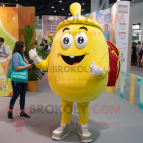 Lemon Yellow Hamburger mascot costume character dressed with a Chinos and Backpacks