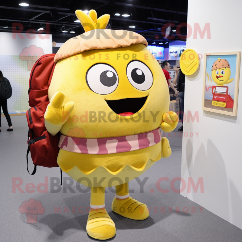 Lemon Yellow Hamburger mascot costume character dressed with a Chinos and Backpacks