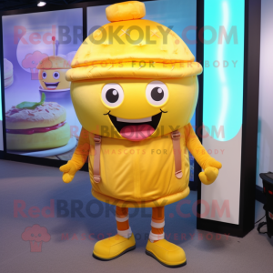 Lemon Yellow Hamburger mascot costume character dressed with a Chinos and Backpacks