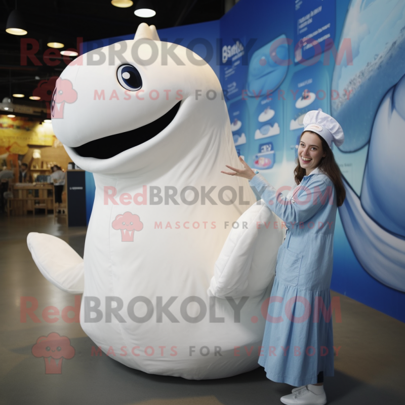 White Whale mascot costume character dressed with a Blouse and Watches White Whale mascot costume character dressed with a Blouse and Watches