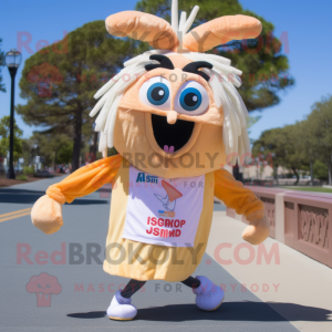 Tan Shrimp Scampi mascot costume character dressed with a Running Shorts and Scarf clips