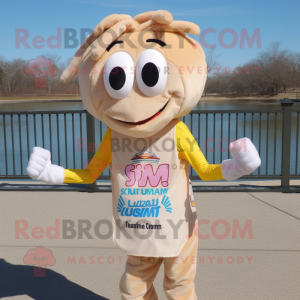 Tan Shrimp Scampi mascot costume character dressed with a Running Shorts and Scarf clips