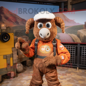 Rust Ram mascot costume character dressed with a Playsuit and Mittens