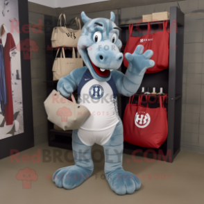 Gray Hydra mascot costume character dressed with a Rugby Shirt and Tote bags