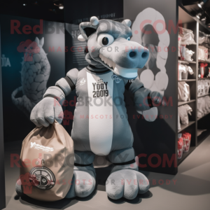 Gray Hydra mascot costume character dressed with a Rugby Shirt and Tote bags