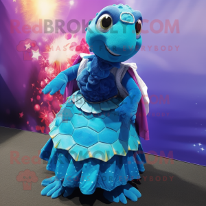 Blue Sea Turtle mascot costume character dressed with a Evening Gown and Scarves
