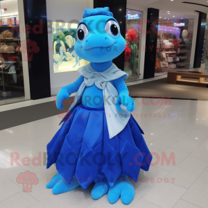 Blue Sea Turtle mascot costume character dressed with a Evening Gown and Scarves