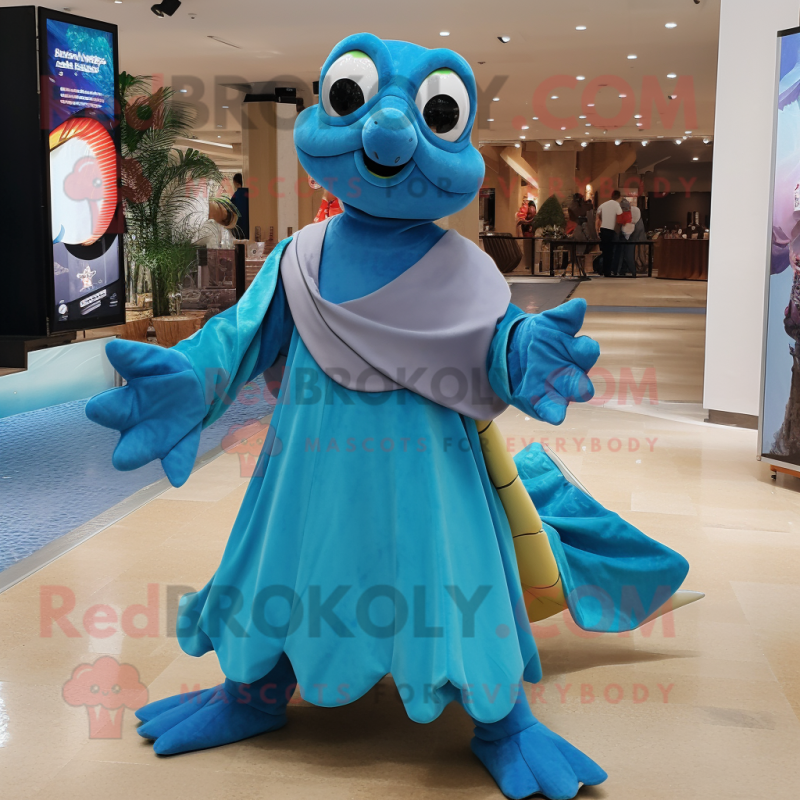 Blue Sea Turtle mascot costume character dressed with a Evening Gown and Scarves