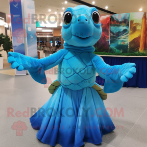 Blue Sea Turtle mascot costume character dressed with a Evening Gown and Scarves