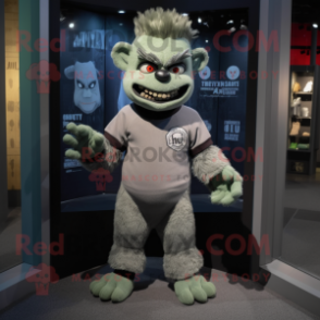 Gray Frankenstein'S Monster mascot costume character dressed with a Henley Tee and Cummerbunds