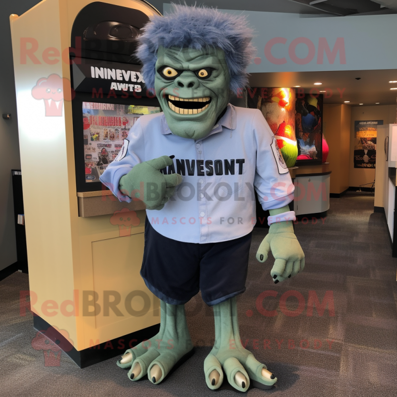 Gray Frankenstein'S Monster mascot costume character dressed with a Henley Tee and Cummerbunds Gray Frankenstein'S Monster mascot costume character dressed with a Henley Tee and Cummerbunds