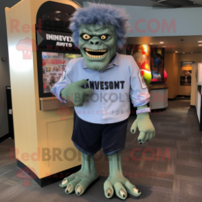 Gray Frankenstein'S Monster mascot costume character dressed with a Henley Tee and Cummerbunds