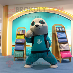 Teal Seal mascot costume character dressed with a Yoga Pants and Wallets