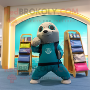 Teal Seal mascot costume character dressed with a Yoga Pants and Wallets