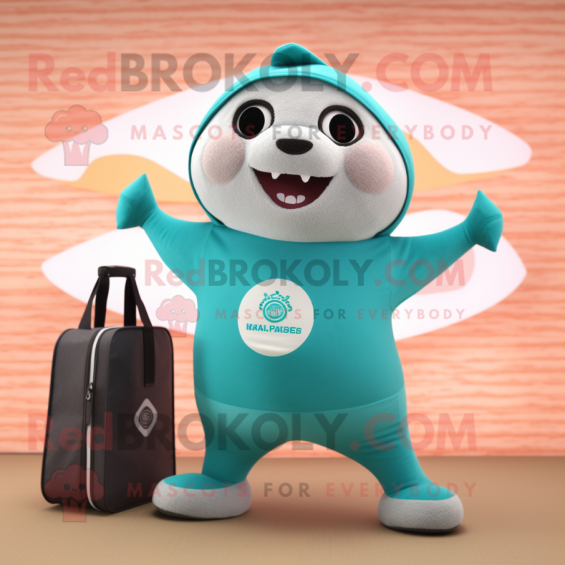 Teal Seal mascot costume character dressed with a Yoga Pants and Wallets