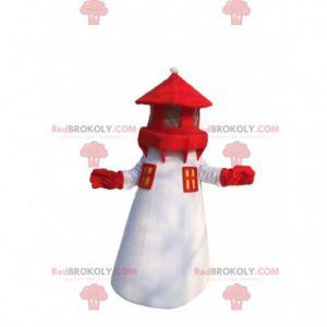 Farol de mascote branco e vermelho, traje de cidade portuária -