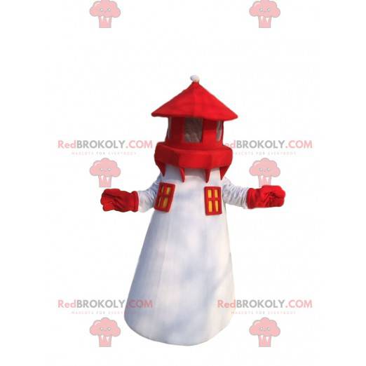 Witte en rode vuurtoren mascotte, kostuum van de havenstad -